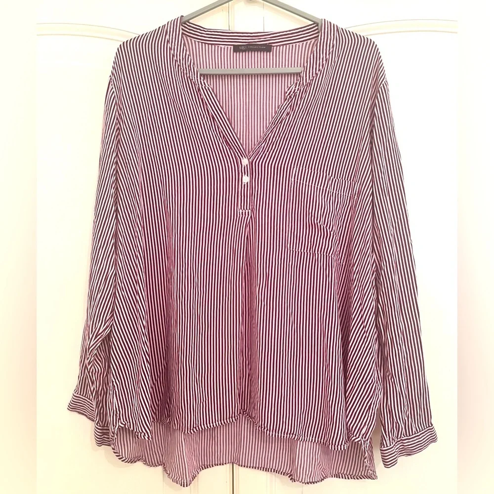 MARKS & SPENCER Womens Top Blouse Striped Red White Burgundy Cuffed Pocket - Picture 1 of 8